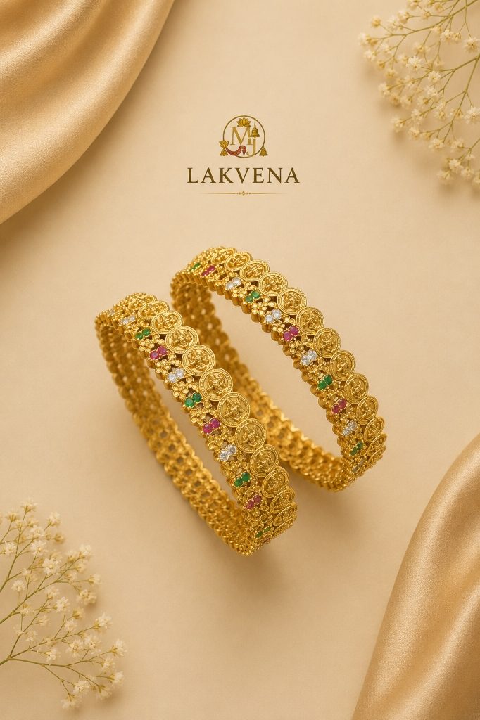 Lakvena Temple Lakshmi Coin Antique Gold Bangles Pair