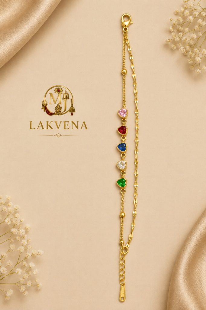 Lakvena Multi-Color Heart Charm Dual Chain Gold Bracelet