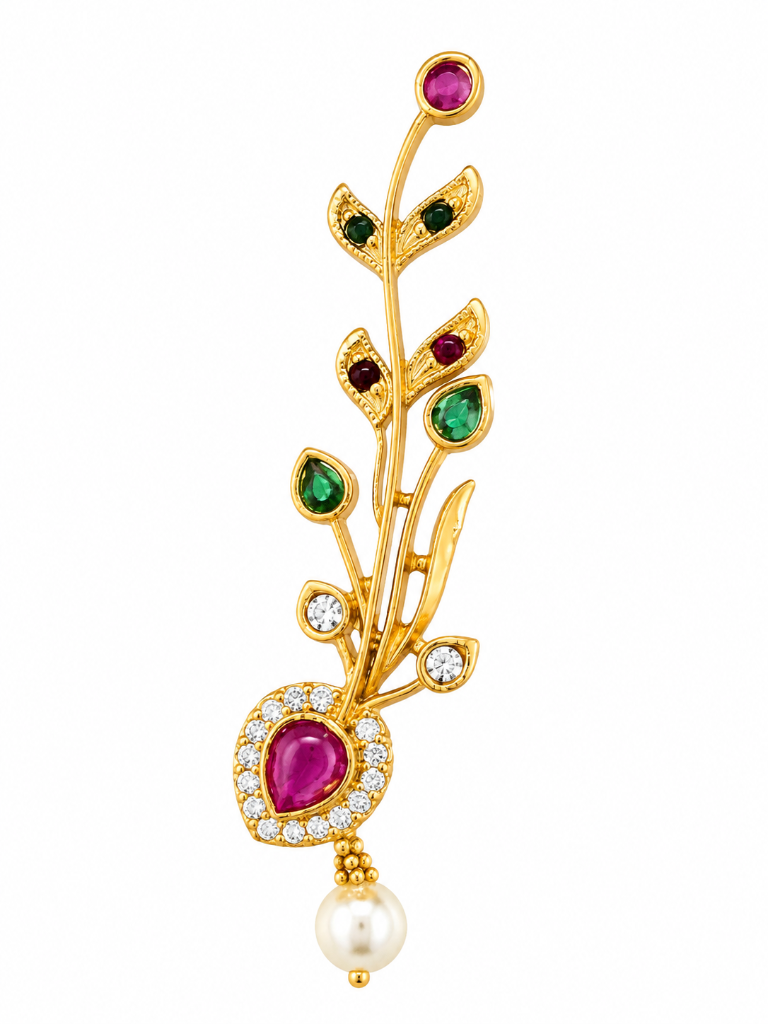 24ct Gold Leaf & Floral Ruby Emerald Brooch Pin