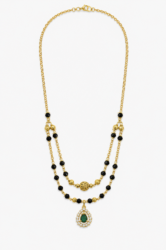 Emerald Tear Drop Black & Gold Bead Layered Chain