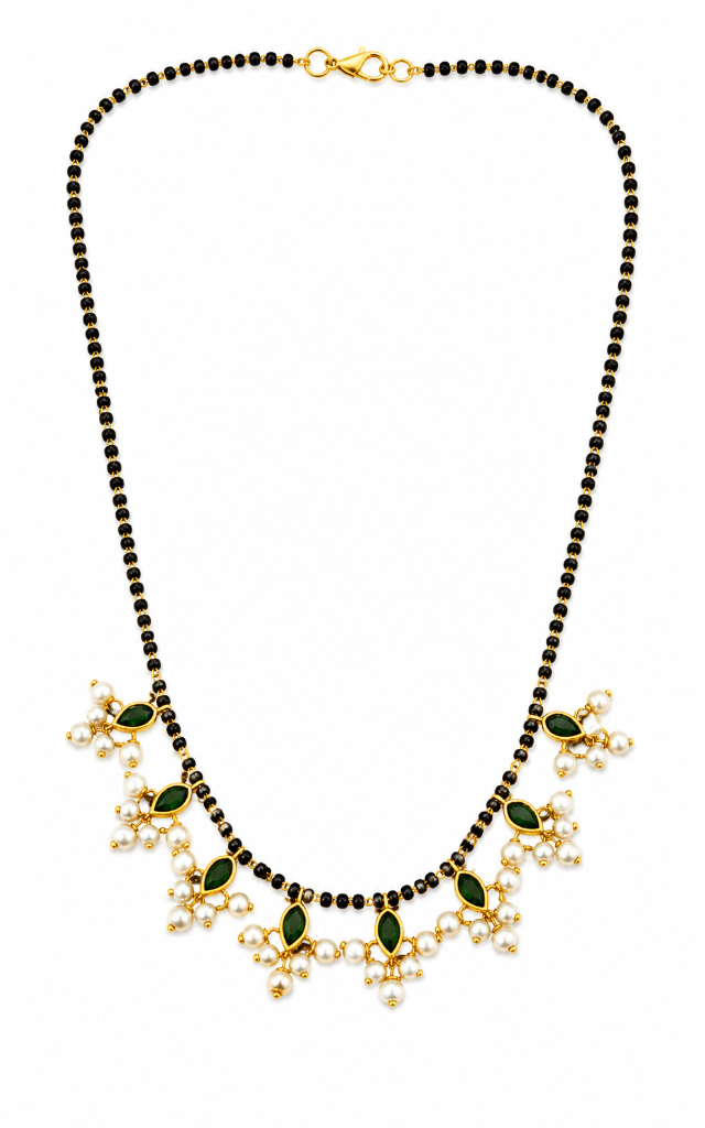 Emerald Kemp & Pearl Drop Black Bead Mangalsutra