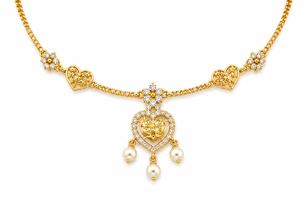 Triple Heart Openwork CZ & Pearl Drop Gold Chain Necklace