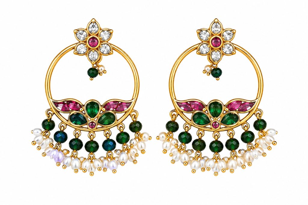 Crescent Lotus Emerald & Ruby Floral Chandbali Earrings