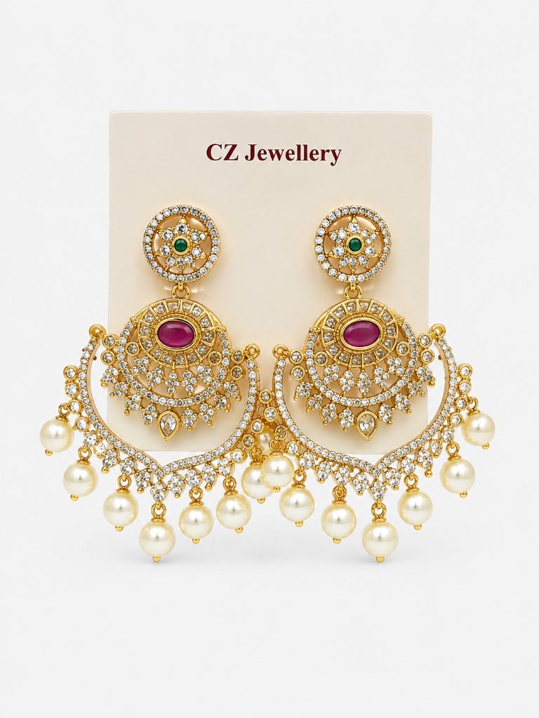 Royal CZ Ruby Crescent Chandbali Earrings
