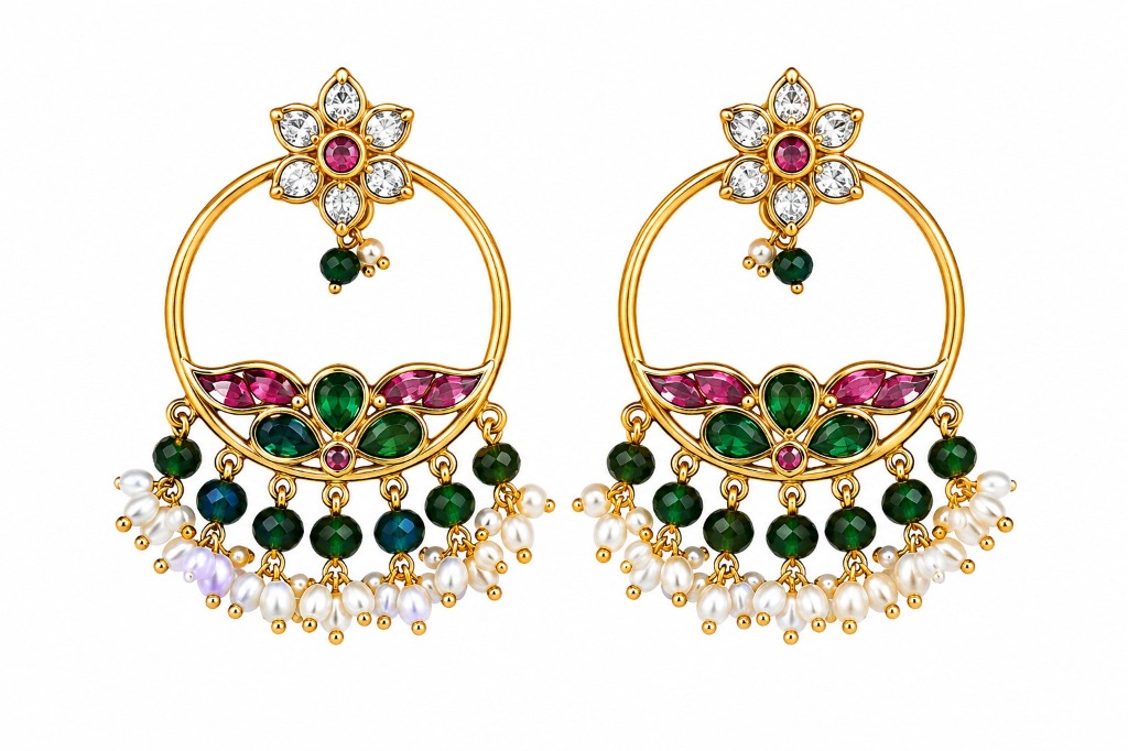 Lakvena Royal Emerald & Ruby Halo Chandbali Earrings