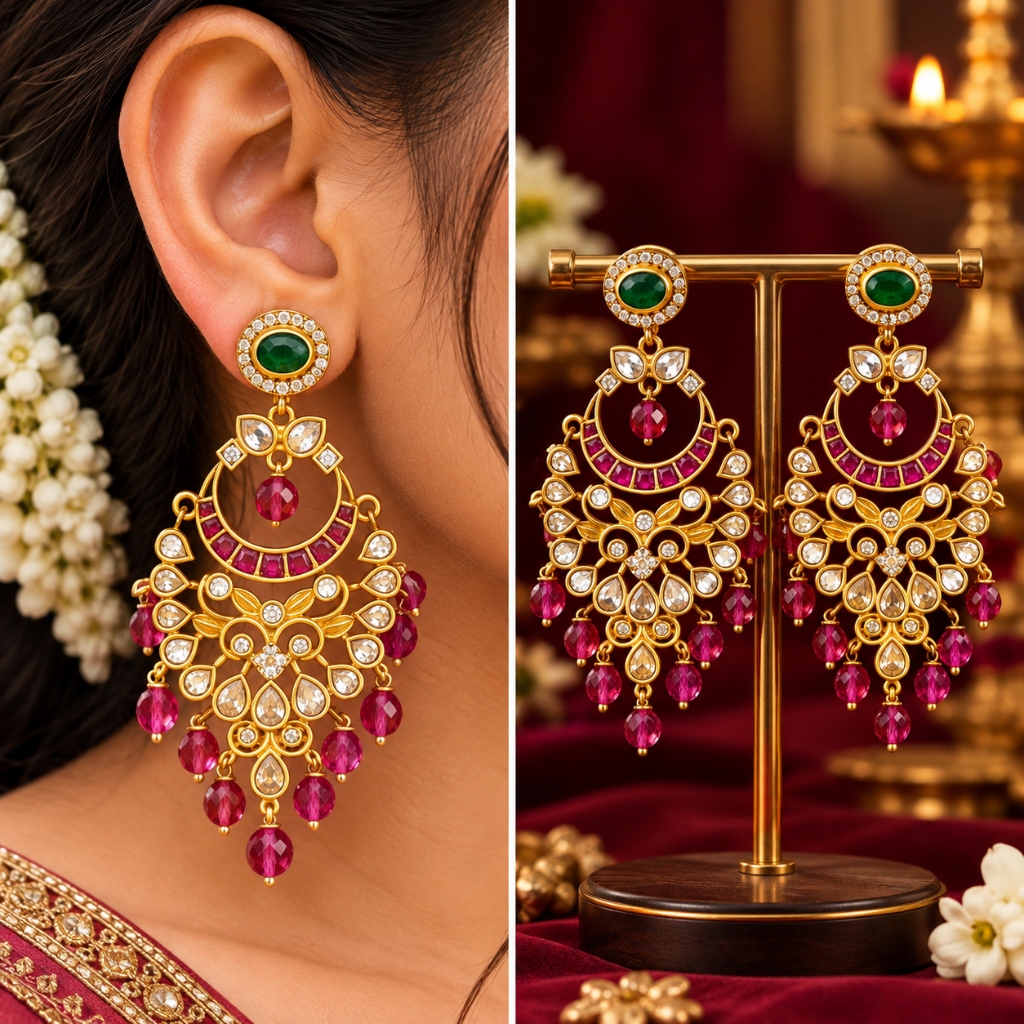 Lakvena Grand Chandelier Crescent Ruby & Emerald Chandbali Earrings