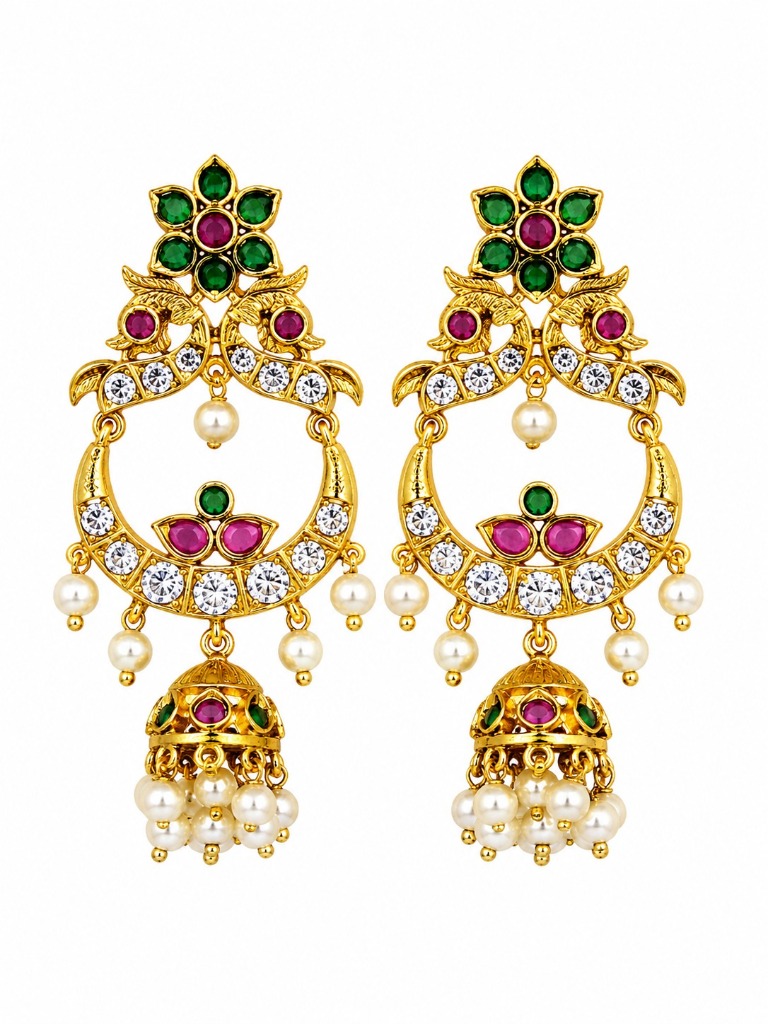 Lakvena Royal Crescent Peacock Chandbali Jhumka Earrings