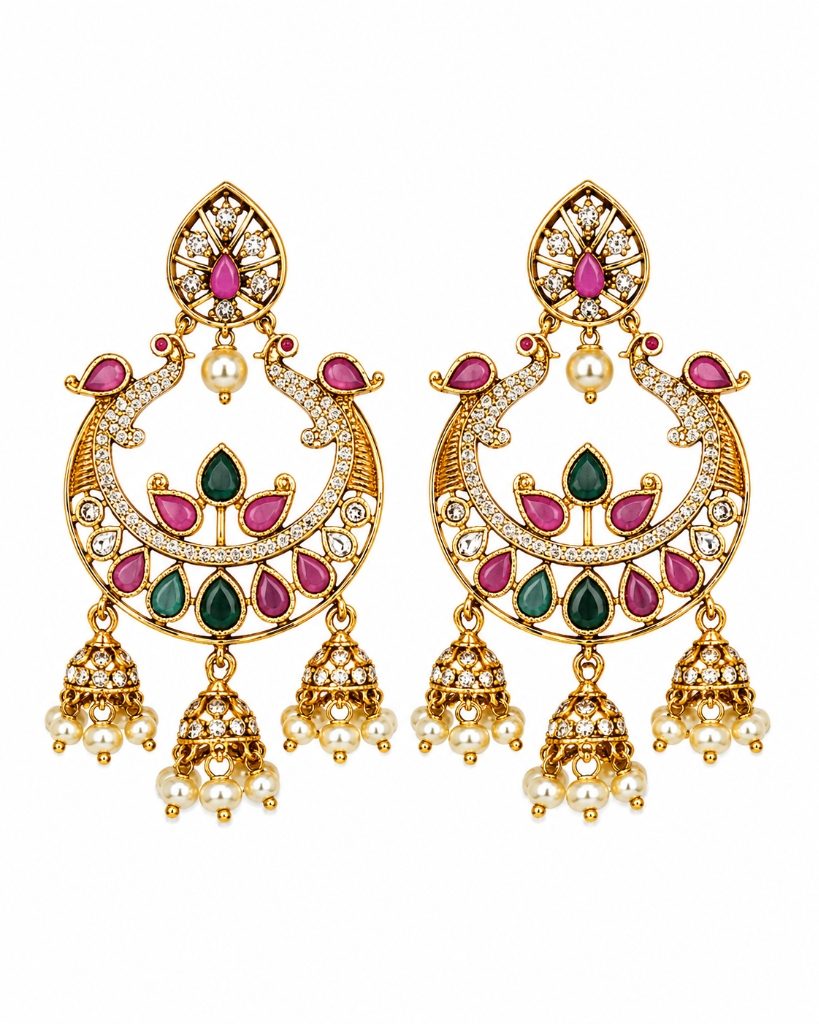Crescent Peacock CZ Ruby & Emerald Multi-Jhumka Chandbali