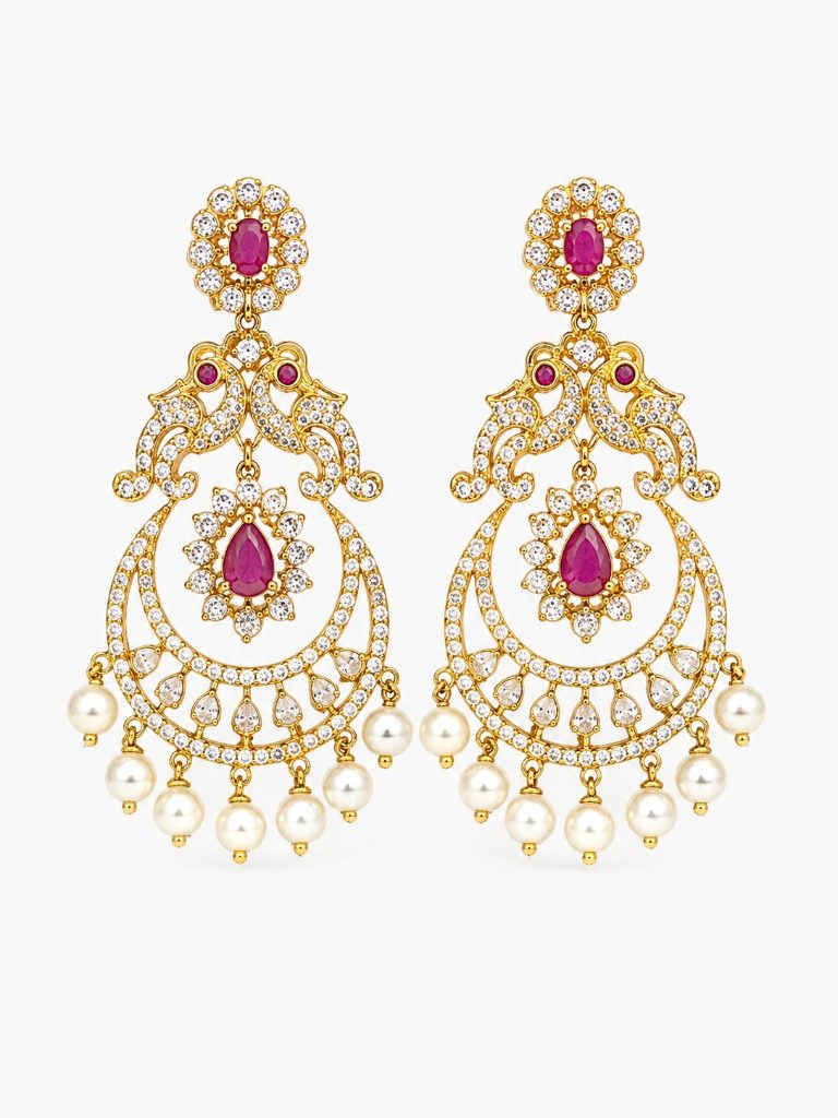 Royal Peacock CZ Ruby Crescent Chandbali Earrings