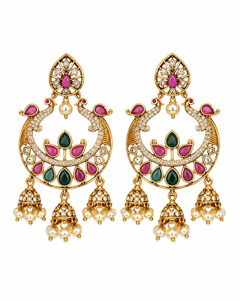 Lakvena Royal Peacock Crescent Chandbali with Triple Jhumka Drops