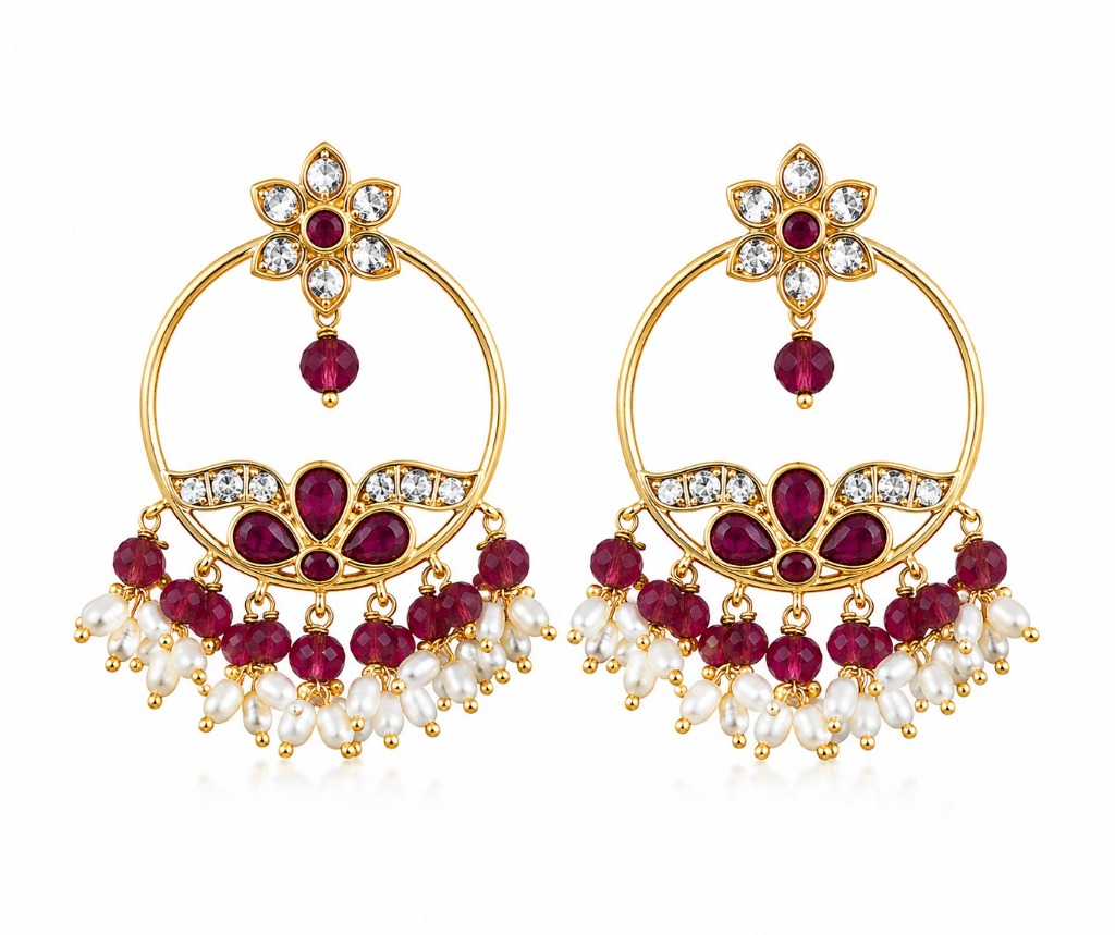 Lakvena Floral Crescent Ruby Kemp Chandbali Earrings