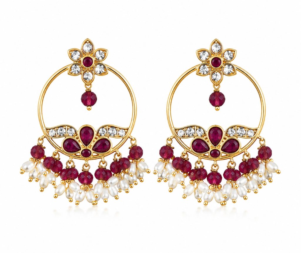 Royal Ruby & Pearl Drop Crescent Chandbali Earrings
