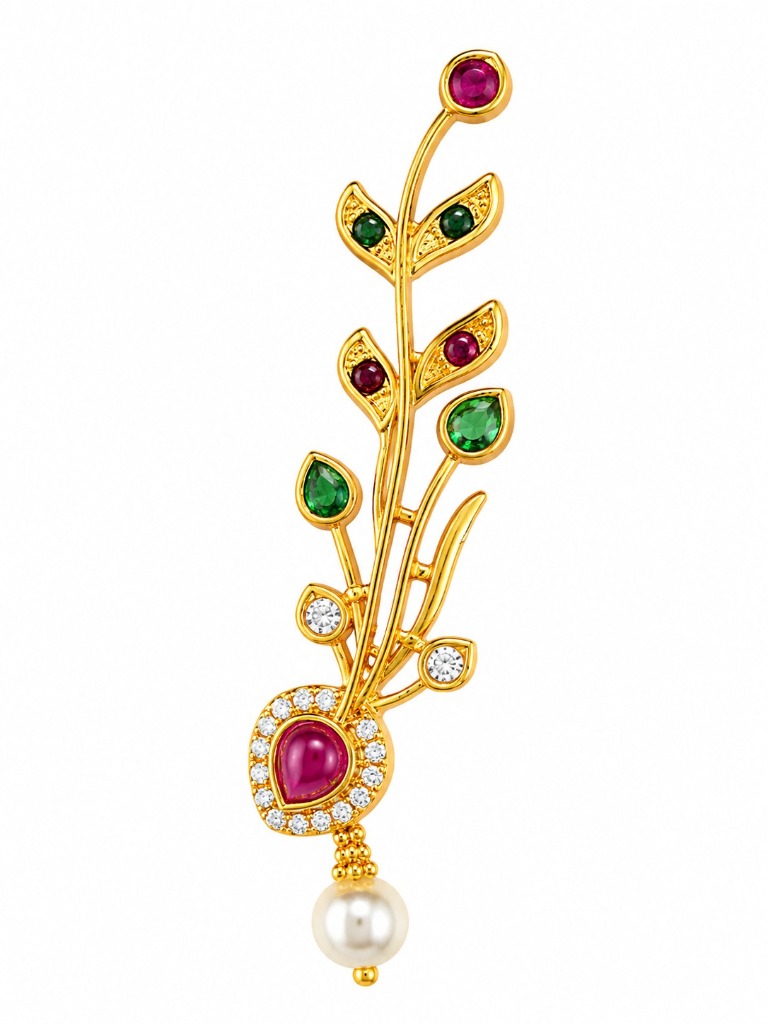 Lakvena Floral Leaf Vine Ear Cuff with Pearl Drop