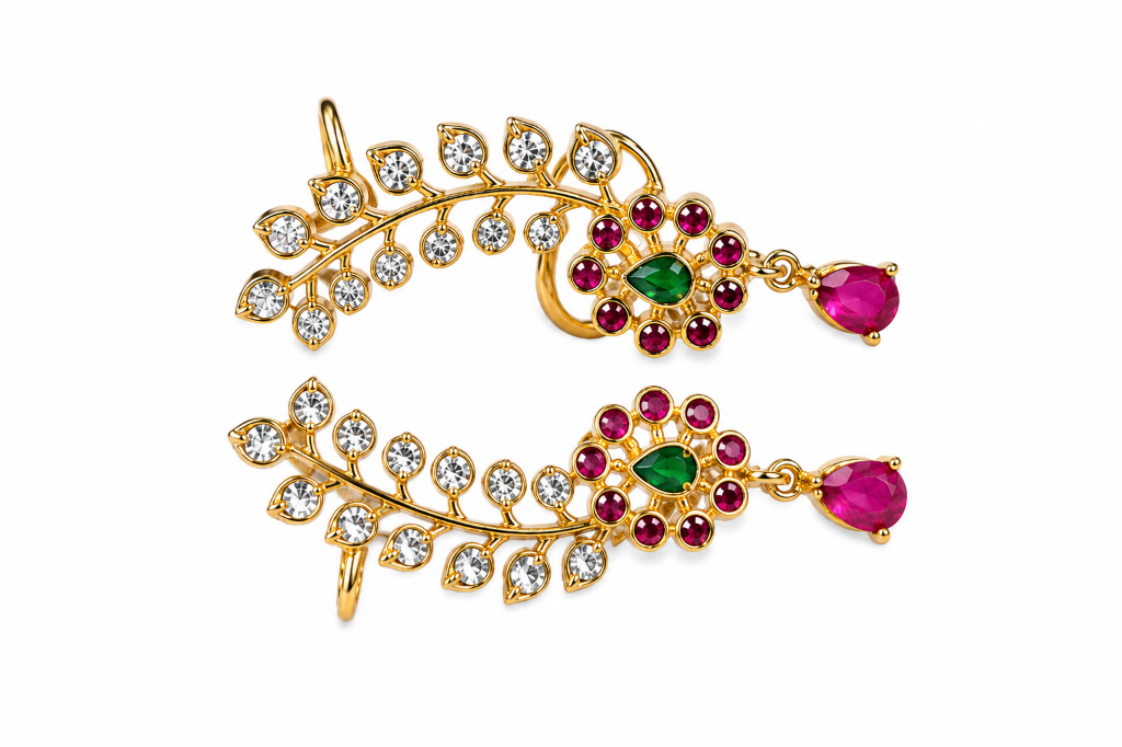 Royal Ruby & Emerald Floral Leaf Ear-Cuffs Pair