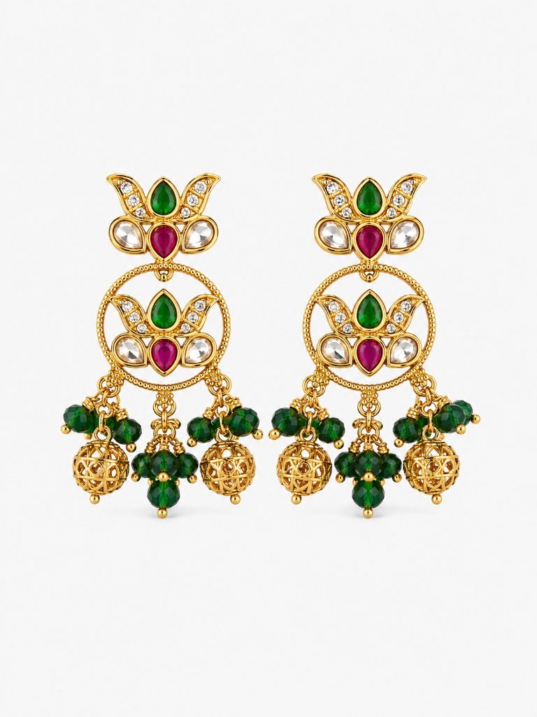 Lotus Kundan & Emerald Cage Bead Drop Earrings