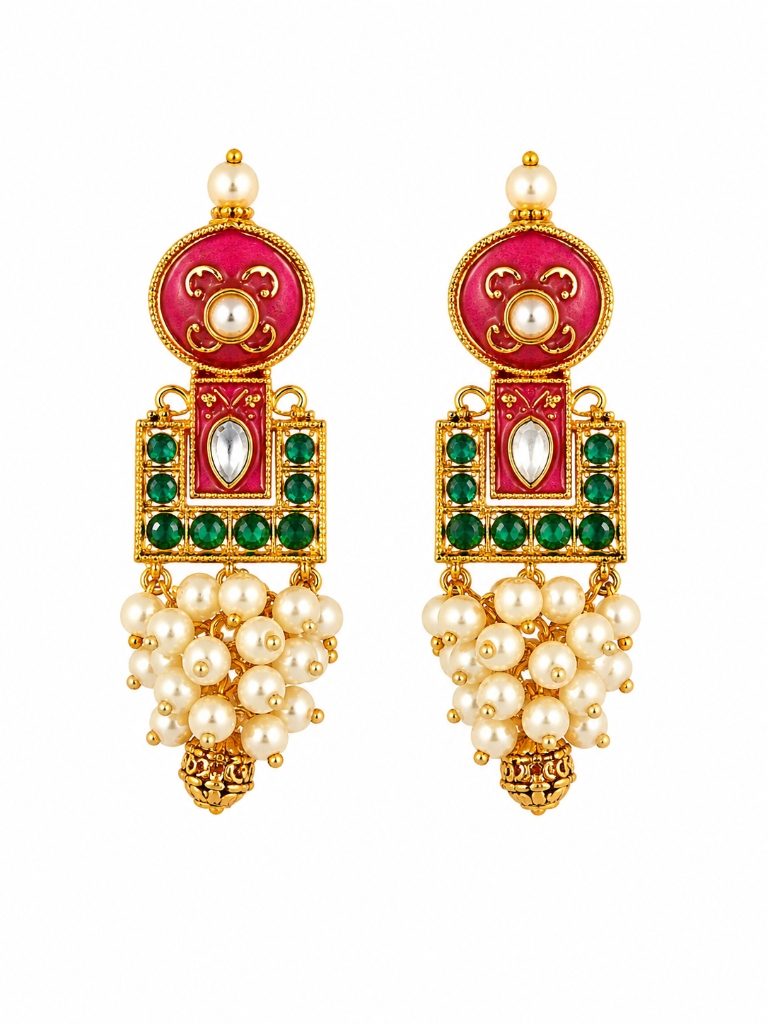Royal Pink Enamel Emerald & Pearl Drop Temple Earrings
