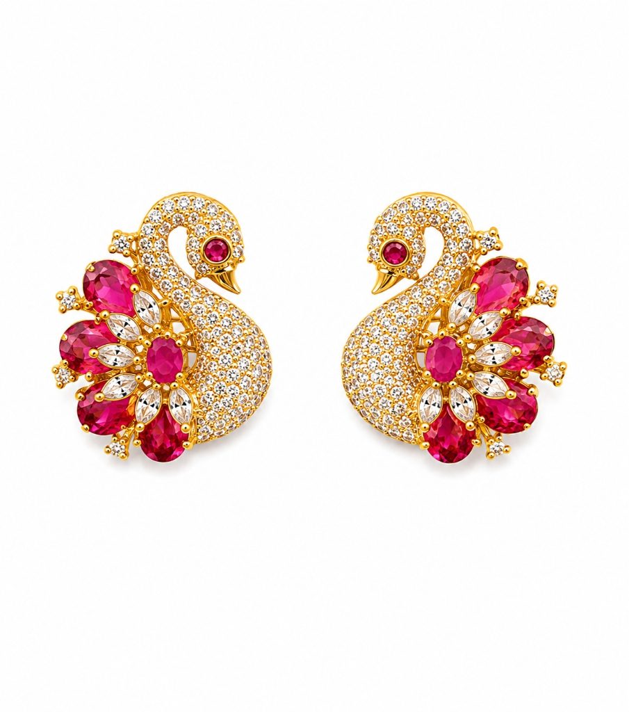 Royal Swan CZ & Ruby Stud Earrings Pair