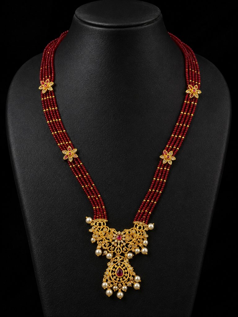 Lakvena Ruby Red Beaded Floral Kundan Haram