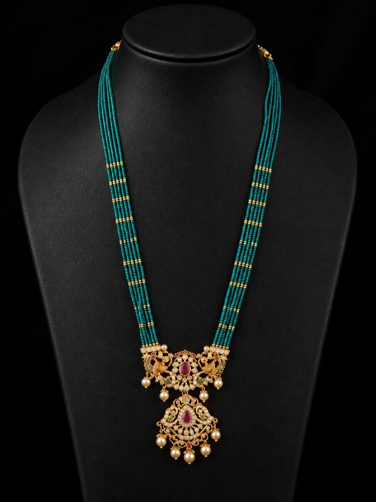 Lakvena Teal Blue Beaded Peacock Kundan Haram