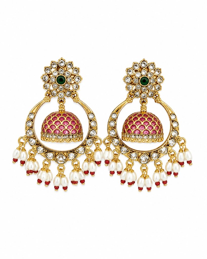 Crescent Floral Ruby & Emerald Enamel Jhumka Earrings