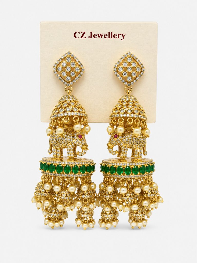 Royal CZ Elephant Multi-Tier Jhumka Earrings