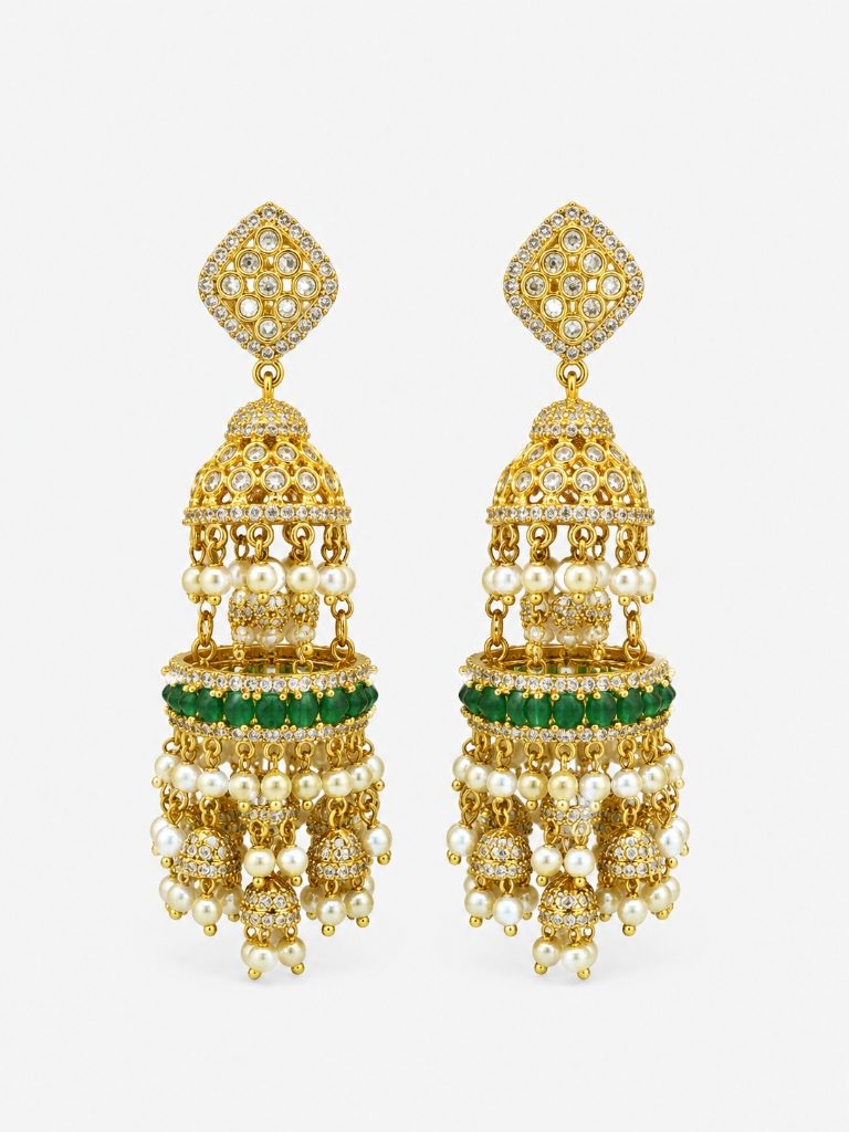Multi-Tiered Emerald & Pearl Royal Jhumkas