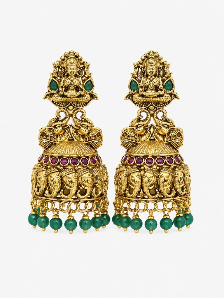 Goddess Lakshmi & Elephant Antique Gold Jhumkas