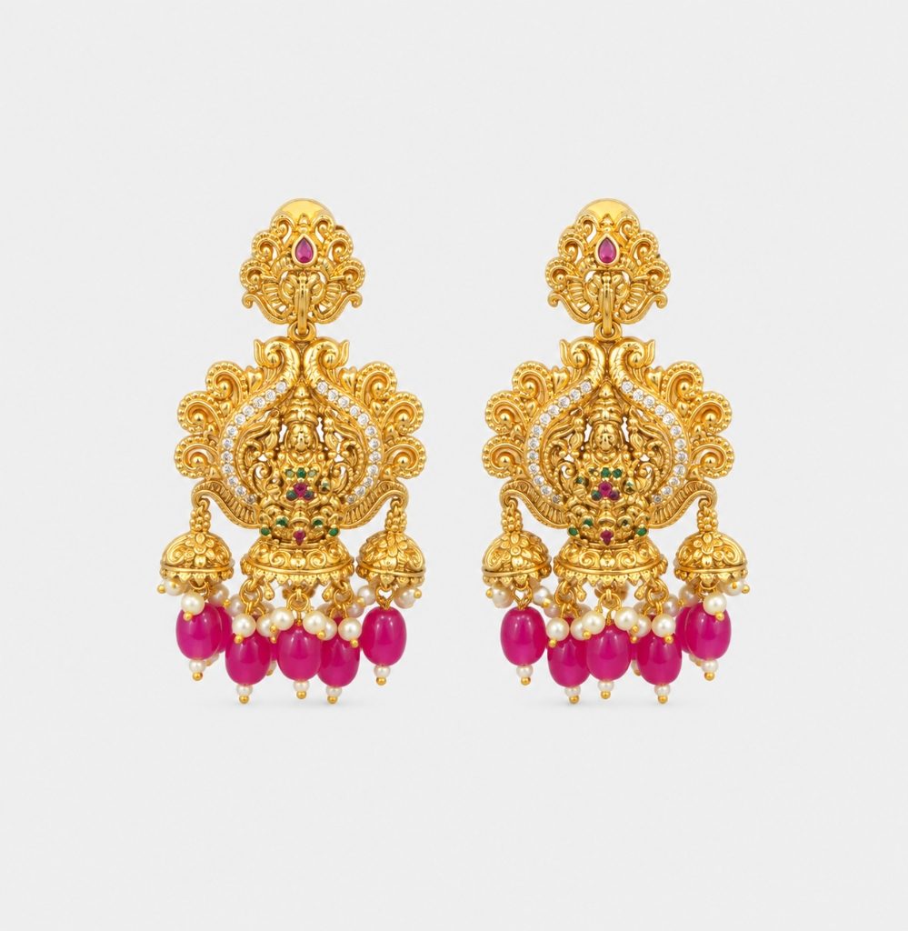 Lakshmi Temple Ruby Bead Drop Jhumkas