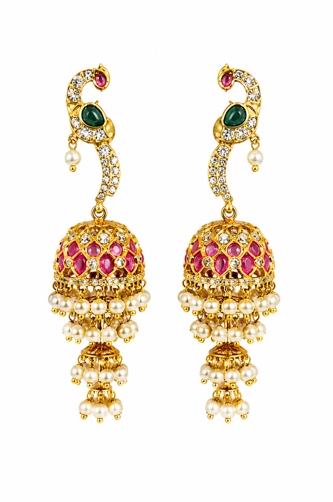 Royal Peacock Feather CZ Ruby Double-Tier Spiral Jhumka