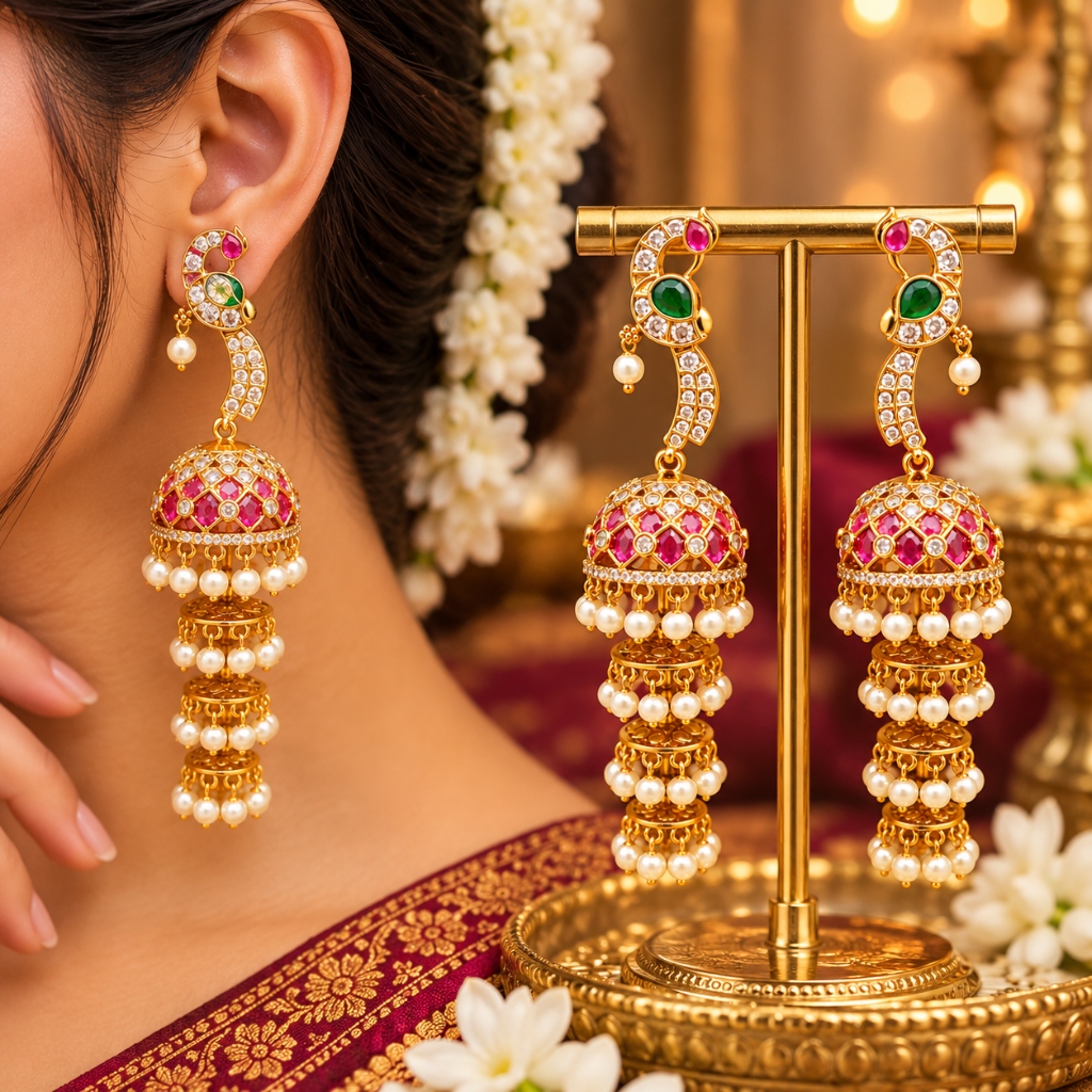 Lakvena Peacock Feather S-Stud Ruby Lattice Multi-Tier Jhumka Earrings