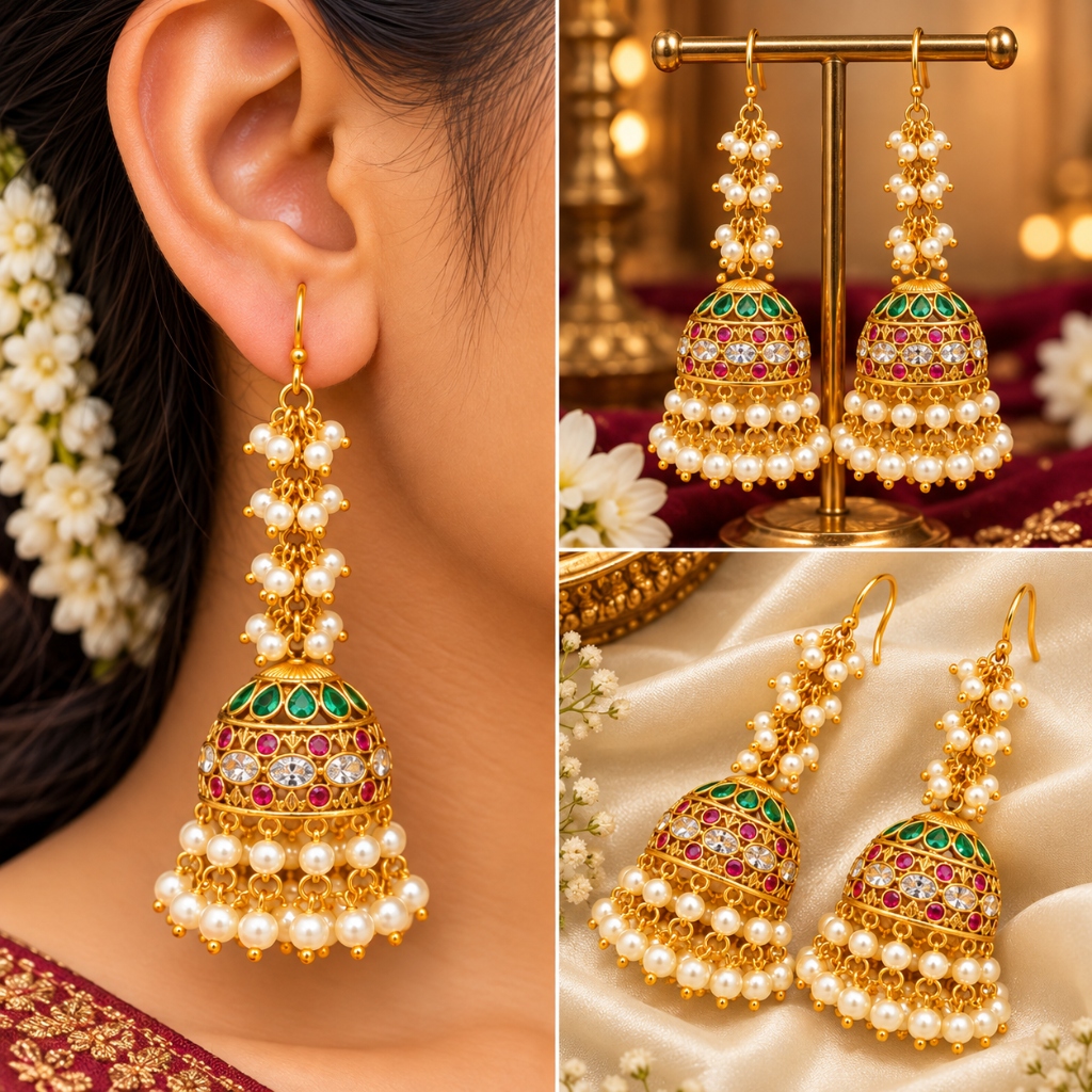 Lakvena Multi-Strand Pearl Chain Hanging Kemp & Enamel Gold Jhumkas