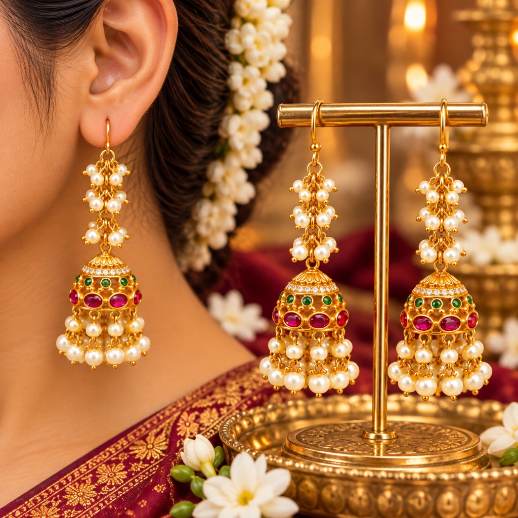 Lakvena French Hook Pearl String Emerald & Ruby Jhumka Earrings