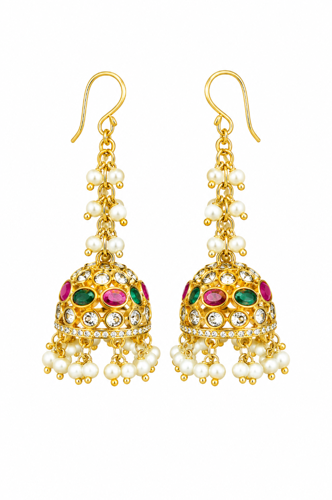 Pearl Bead String Hanging Ruby Emerald Gold Jhumka with Hook