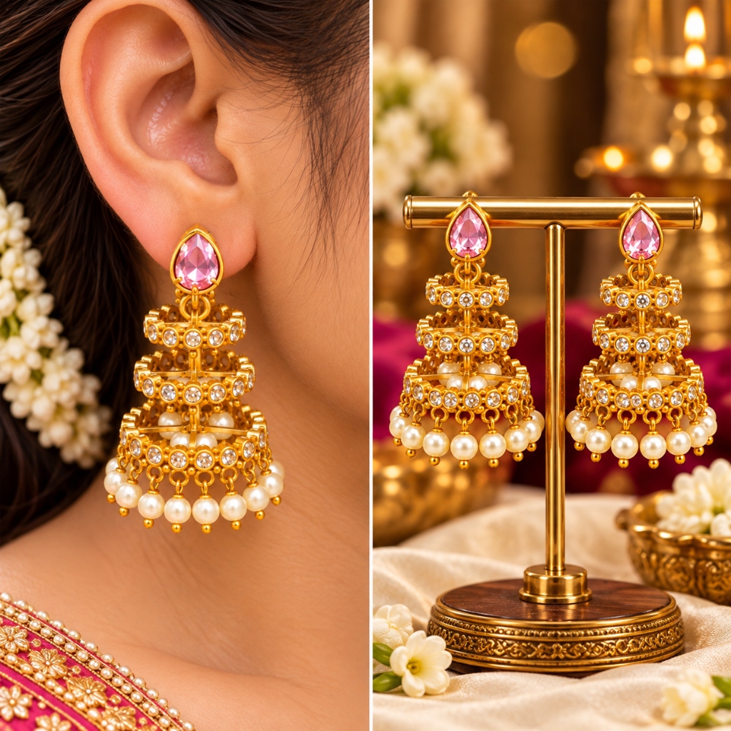Lakvena Royal Pink Teardrop Crystal 3-Tier Cage Jhumka Earrings