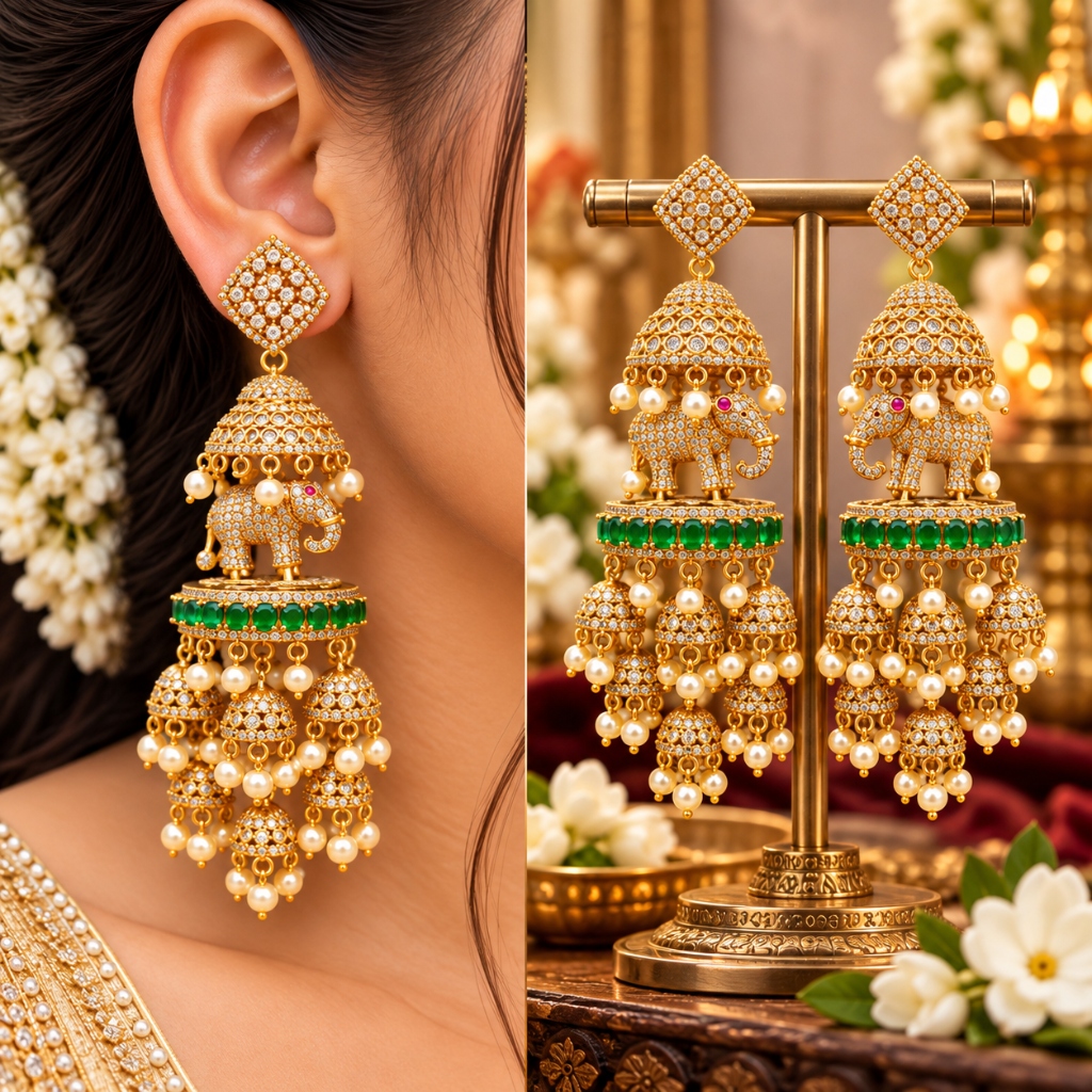 Lakvena Royal Elephant Motif CZ & Emerald Multi-Tier Jhumka Earrings