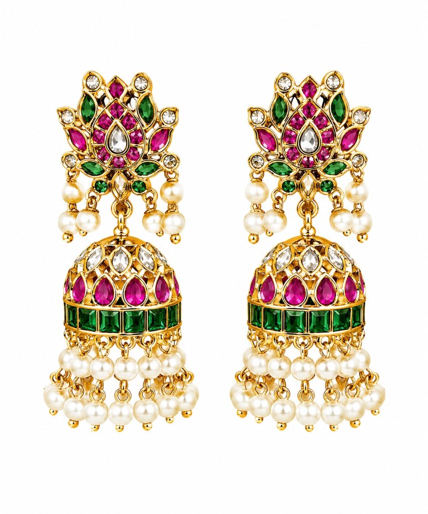 Royal Ruby & Emerald Floral Crown Gold Jhumka Earrings