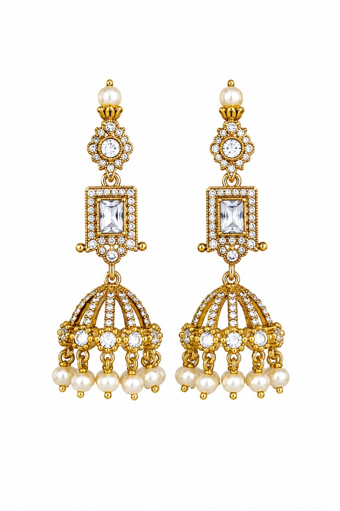 Lakvena Solitaire Emerald-Cut CZ Cage Jhumka Earrings