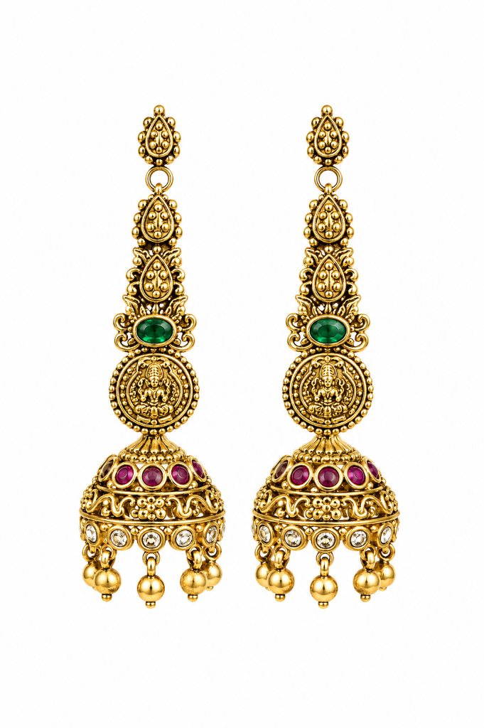 Antique Temple Goddess Lakshmi Triple-Tier Gold Jhumka