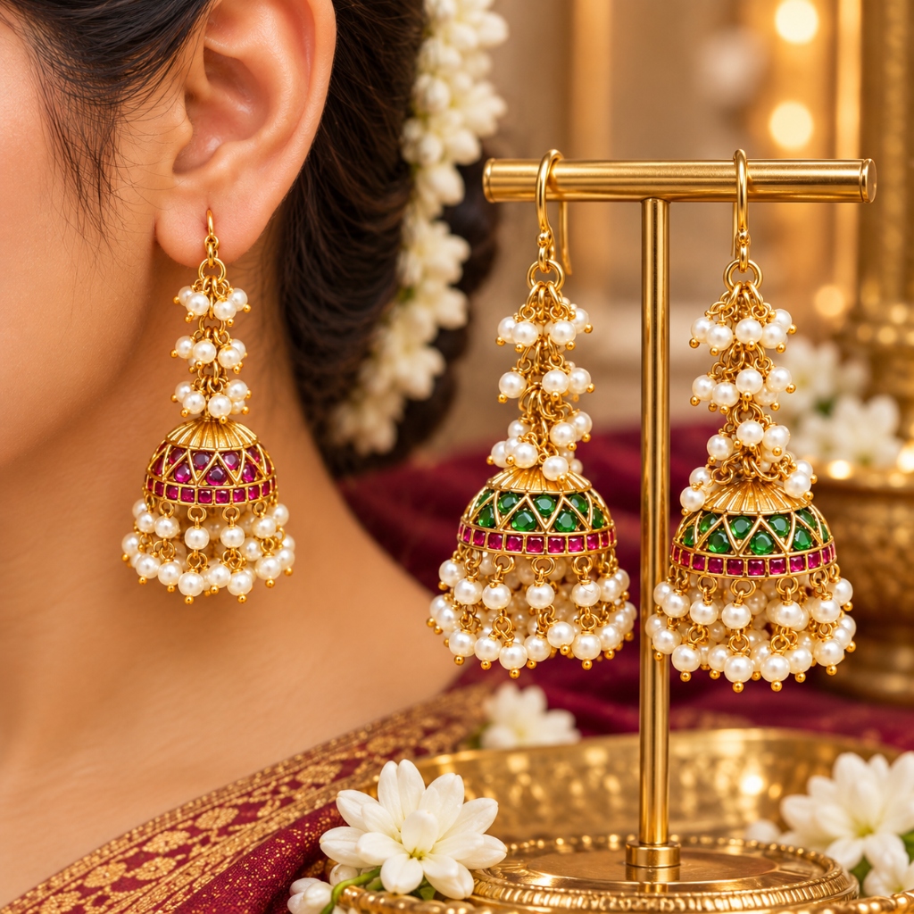 Lakvena Premium Pearl Cluster String Ruby & Emerald Kemp Jhumki Earrings