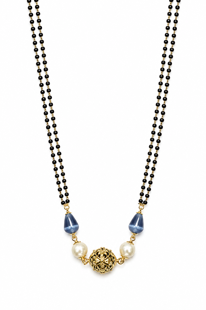Royal Blue Cat's Eye & Pearl Gold Filigree Ball Mangalsutra