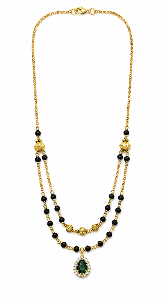 Royal Double-Strand Emerald Drop Gold & Black Bead Mangalsutra