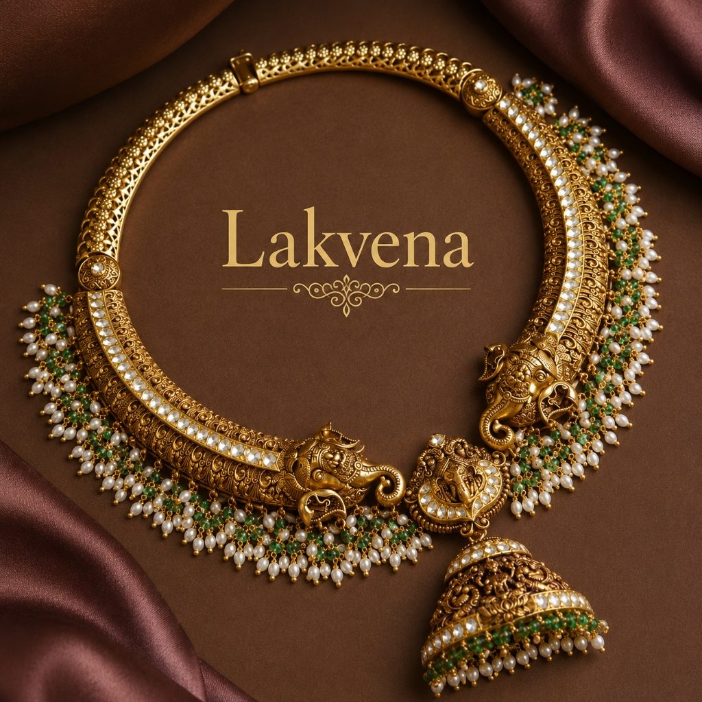 Lakvena Royal Gajah Elephant Hasli Collar Necklace with Jhumka