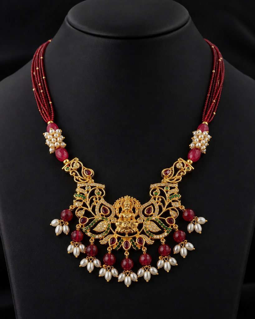 Multi-Strand Ruby Beaded Lakshmi Pendant Necklace
