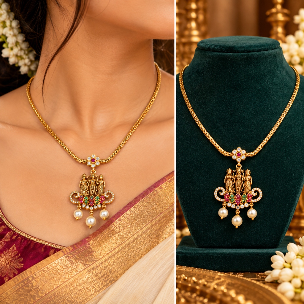 Lakvena Temple Sri Ram Parivar Antique Gold Chain Pendant Set