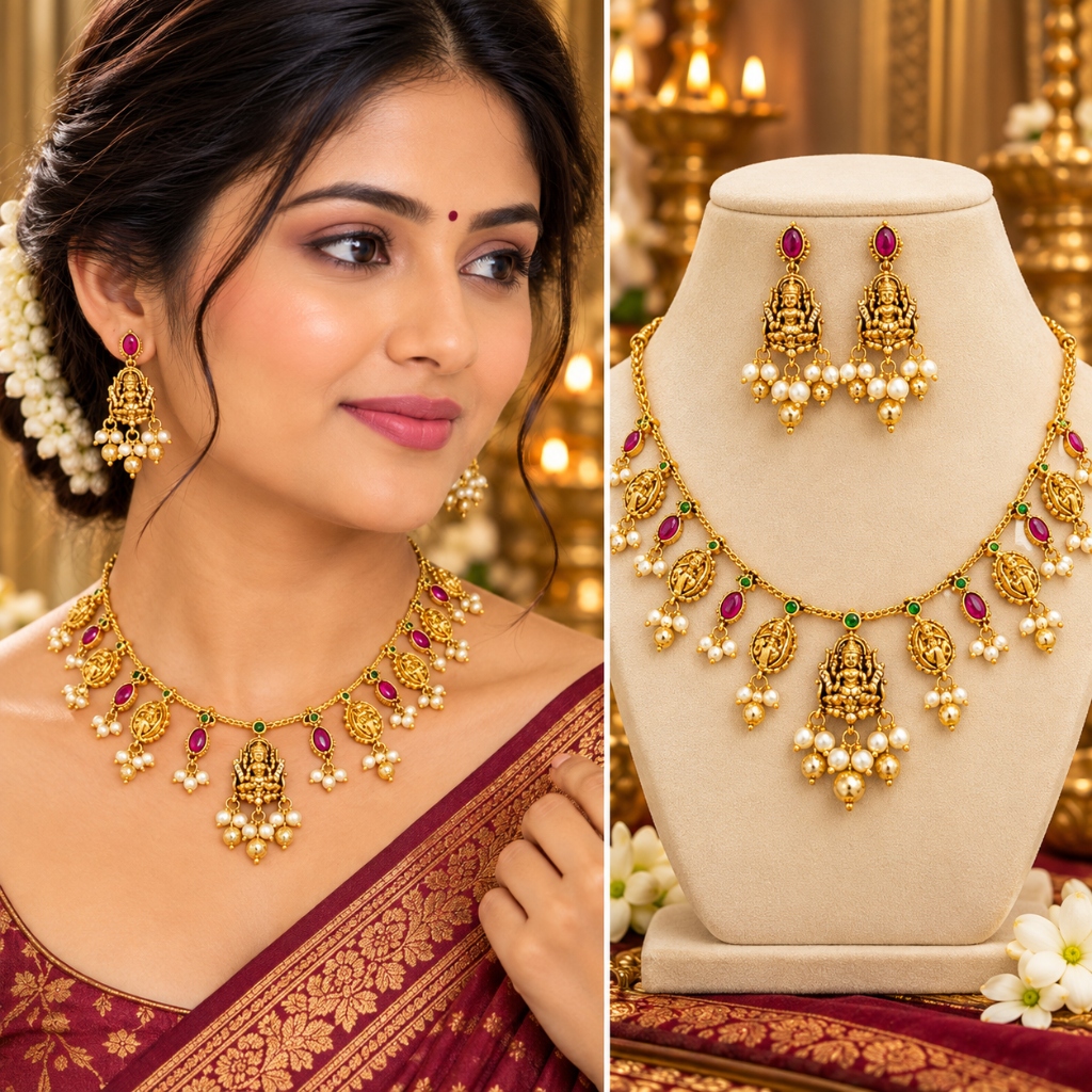 Lakvena Antique Temple Goddess Lakshmi Coin & Ruby Necklace Set