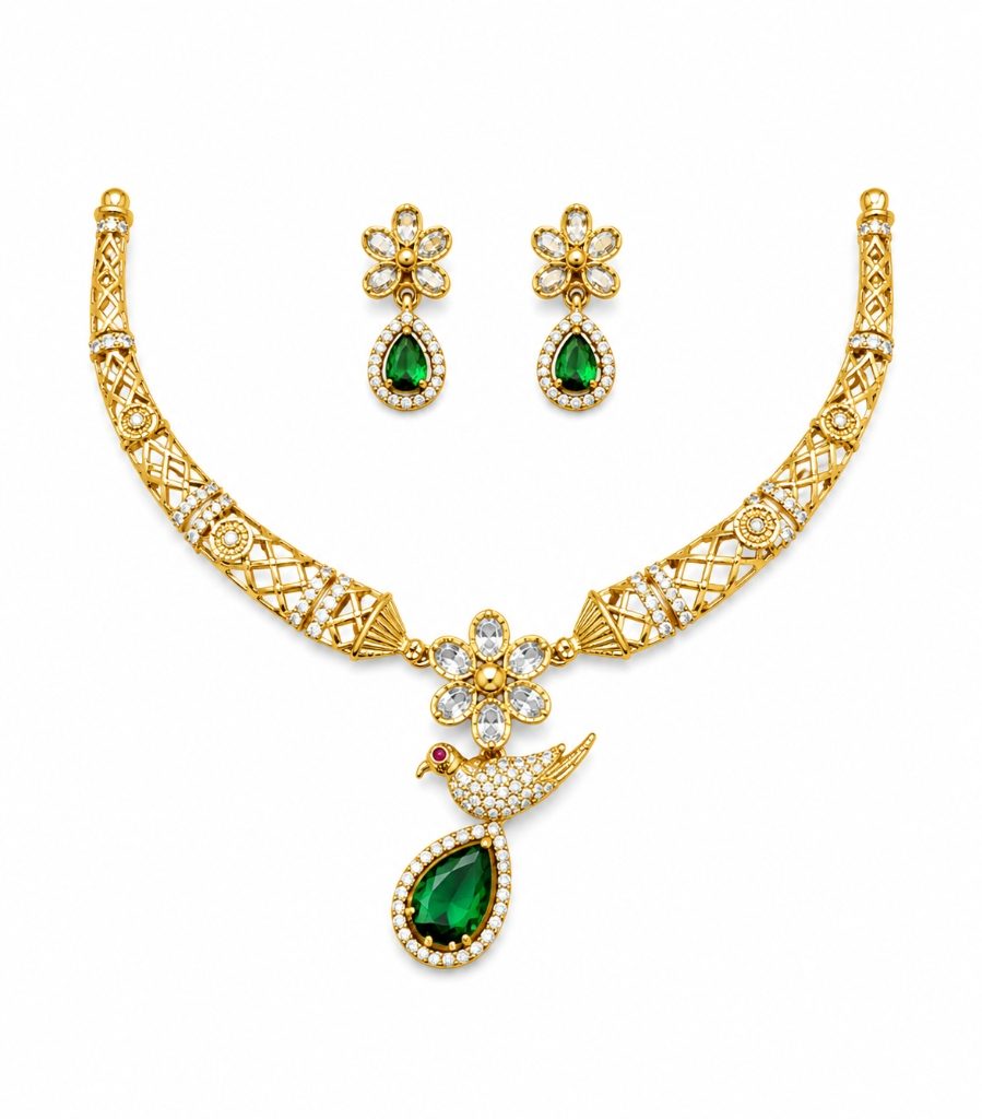 Royal Bird & Flower Emerald CZ Choker Necklace Set