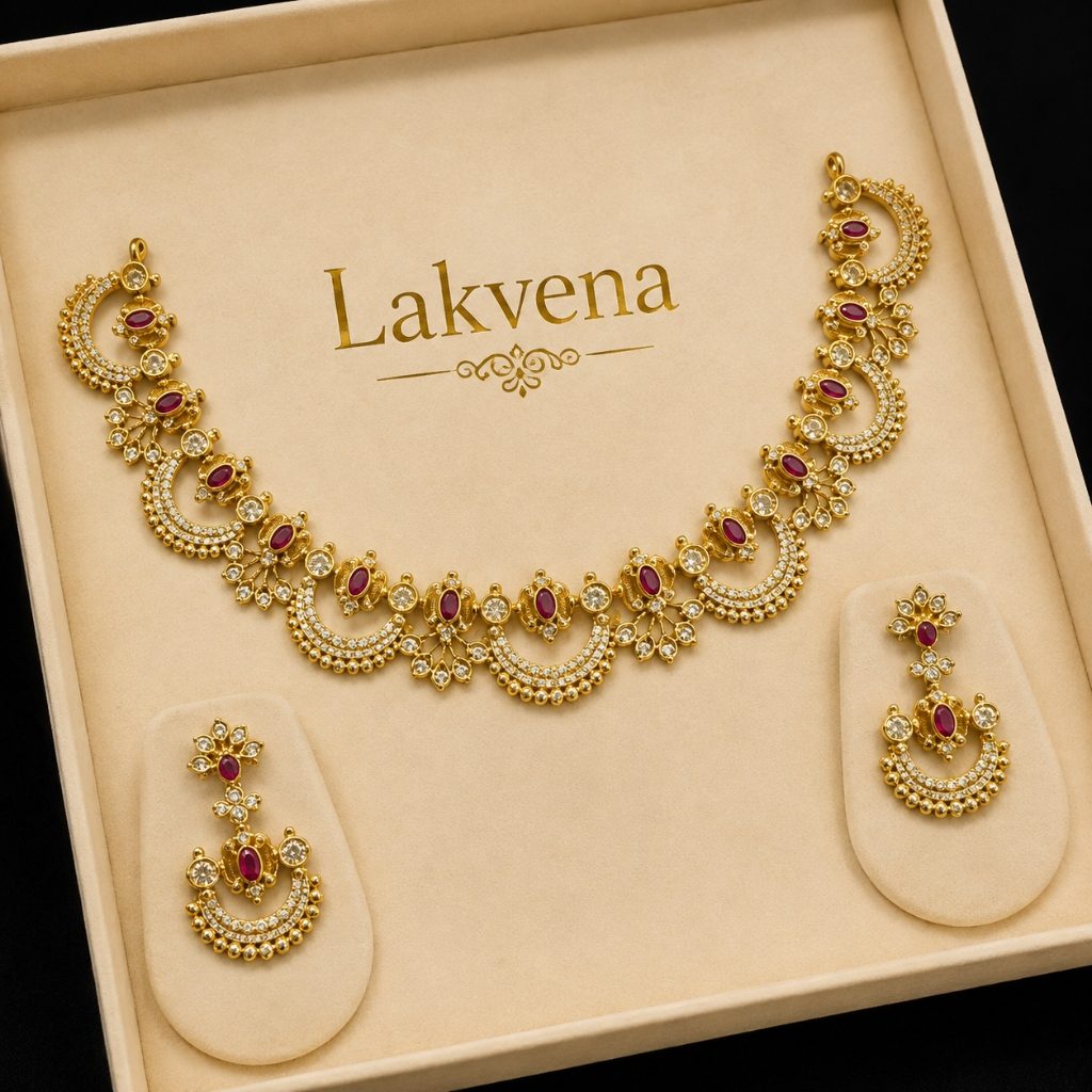Lakvena Crescent Moon Ruby Kemp Gold Necklace Set
