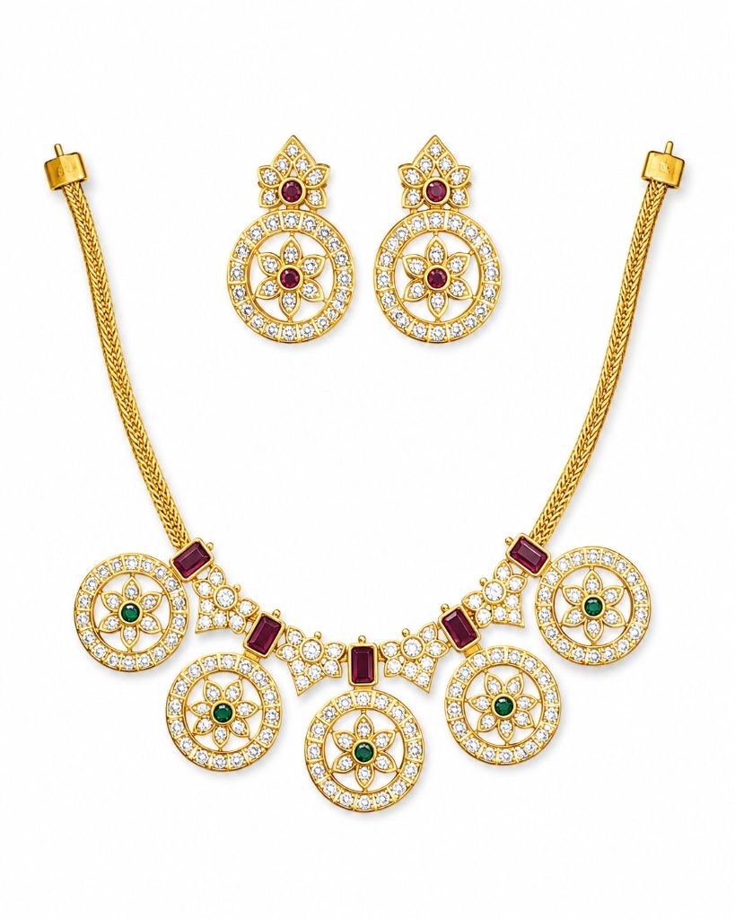 Circular CZ & Emerald Solitaire Pendant Necklace Set