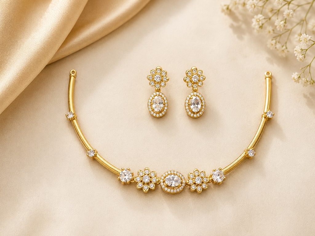 Lakvena Delicate Solitaire Floral & Oval Kundan Gold Choker Set