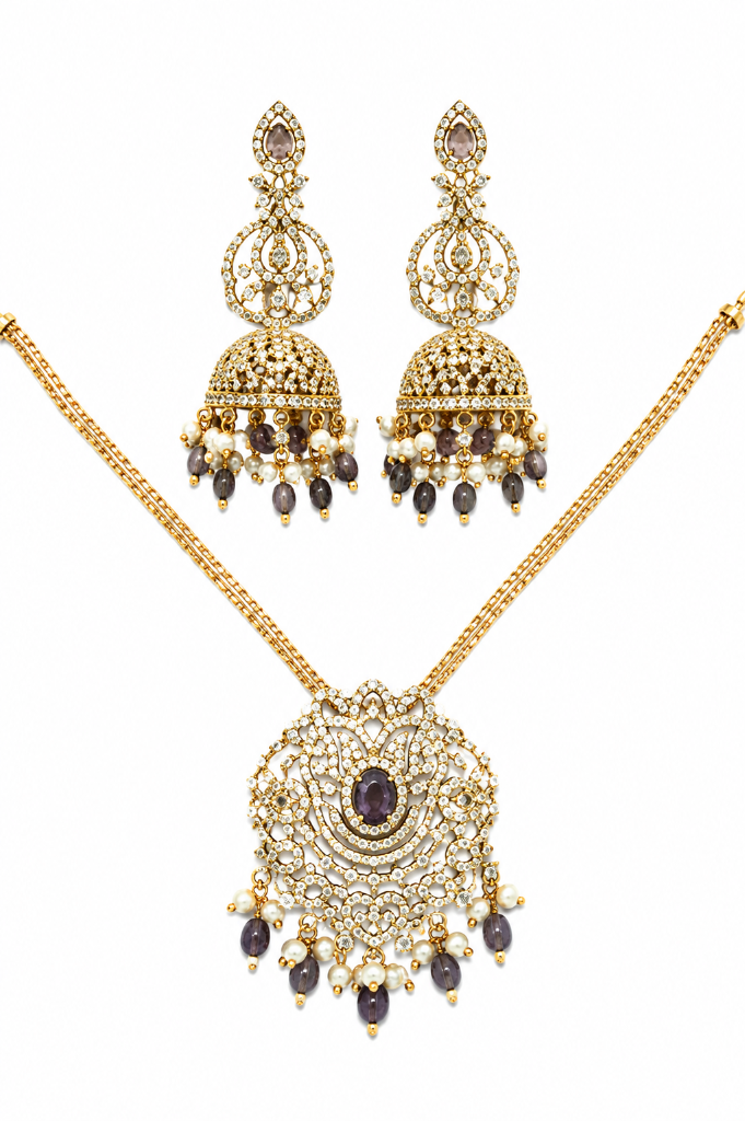 Grand Amethyst CZ Latticework Medallion Pendant Set